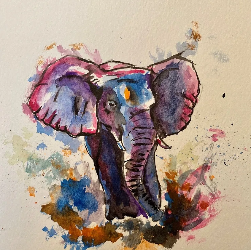 My watercolor elephant in blue, pink, and yellow